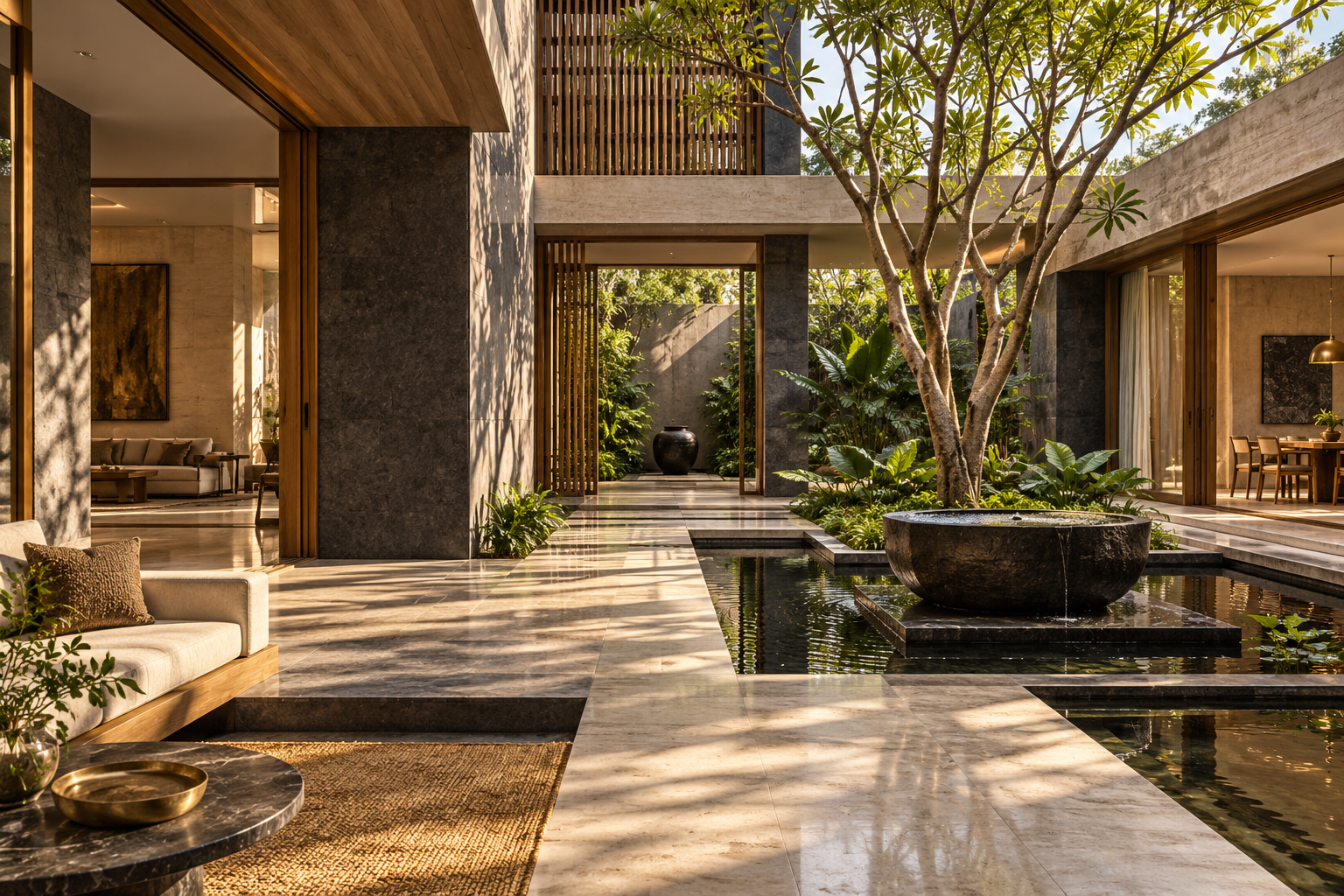 Illustrative concept of a contemporary courtyard with natural light, stone and timber